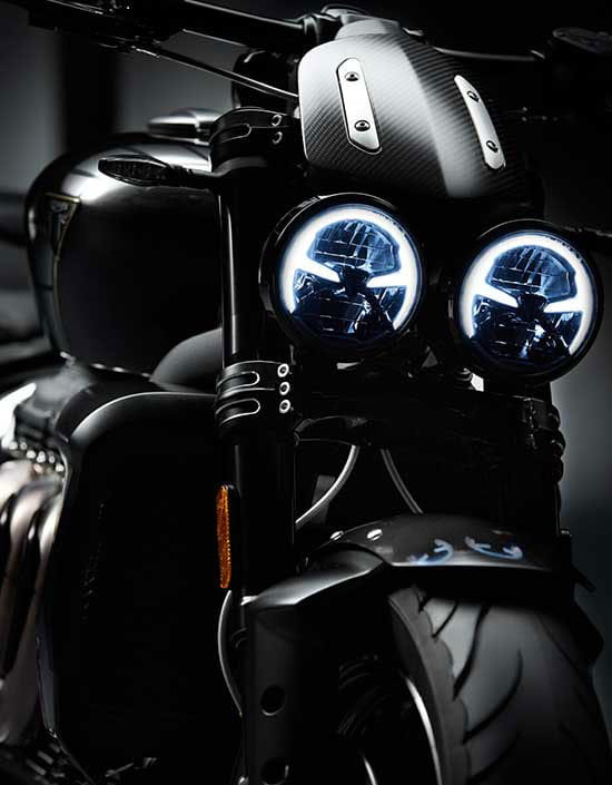 Triumph Rocket 3 TFC front three quarters featuring iconic three header exhaust run and LED DRL headlights